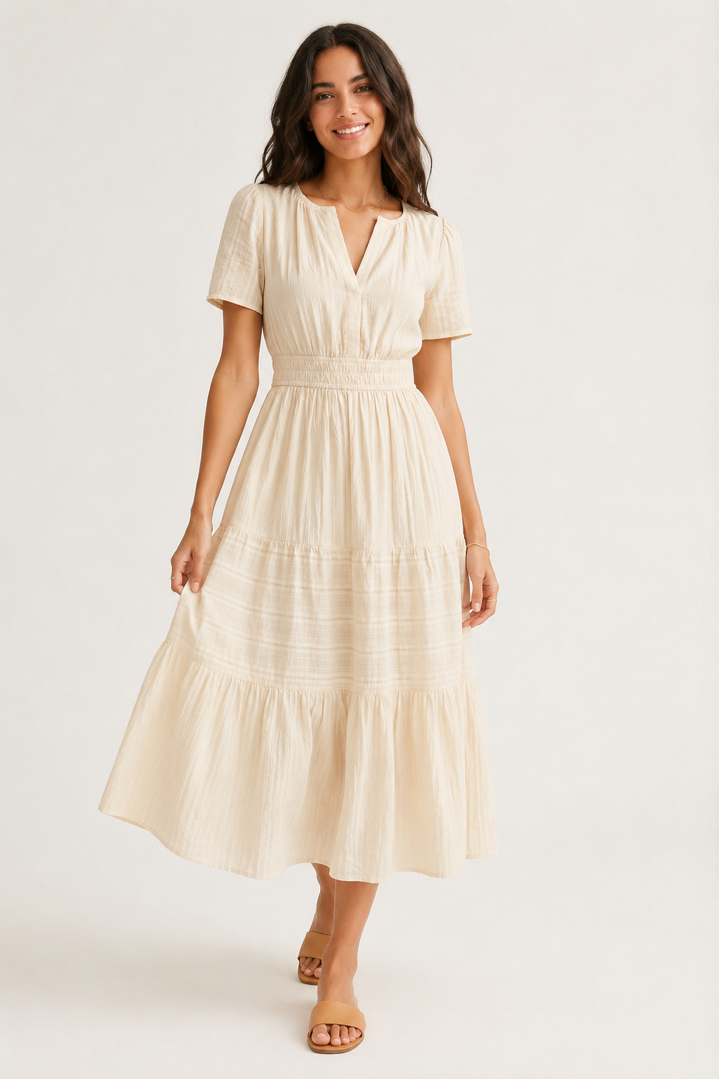 Solene dress in light cream, V-neck, short sleeves, tiered midi skirt and gathered waist