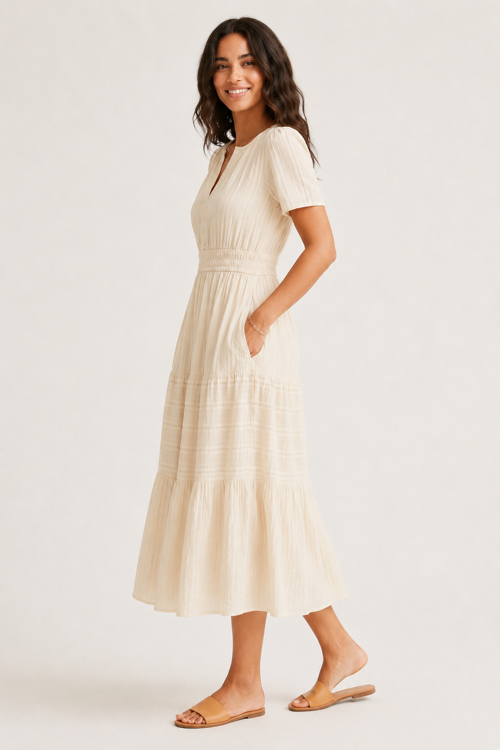 Solene dress side profile in light cream, V-neck, gathered waist, tiered mid-length skirt
