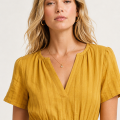 Mustard yellow V-neck midi dress with short sleeves and elastic waist detail