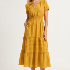Mustard yellow tiered midi dress with V-neck and short sleeves, gathered waist