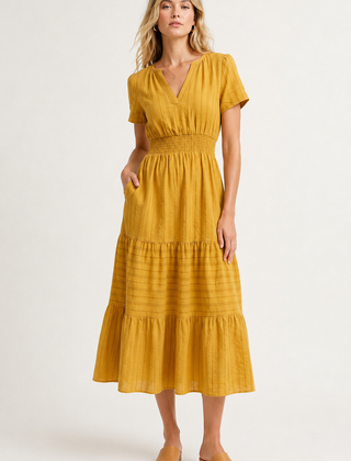 Mustard yellow tiered midi dress with V-neck and short sleeves, gathered waist