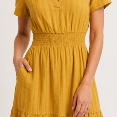 Mustard yellow V-neck tiered midi dress with short sleeves and gathered waist