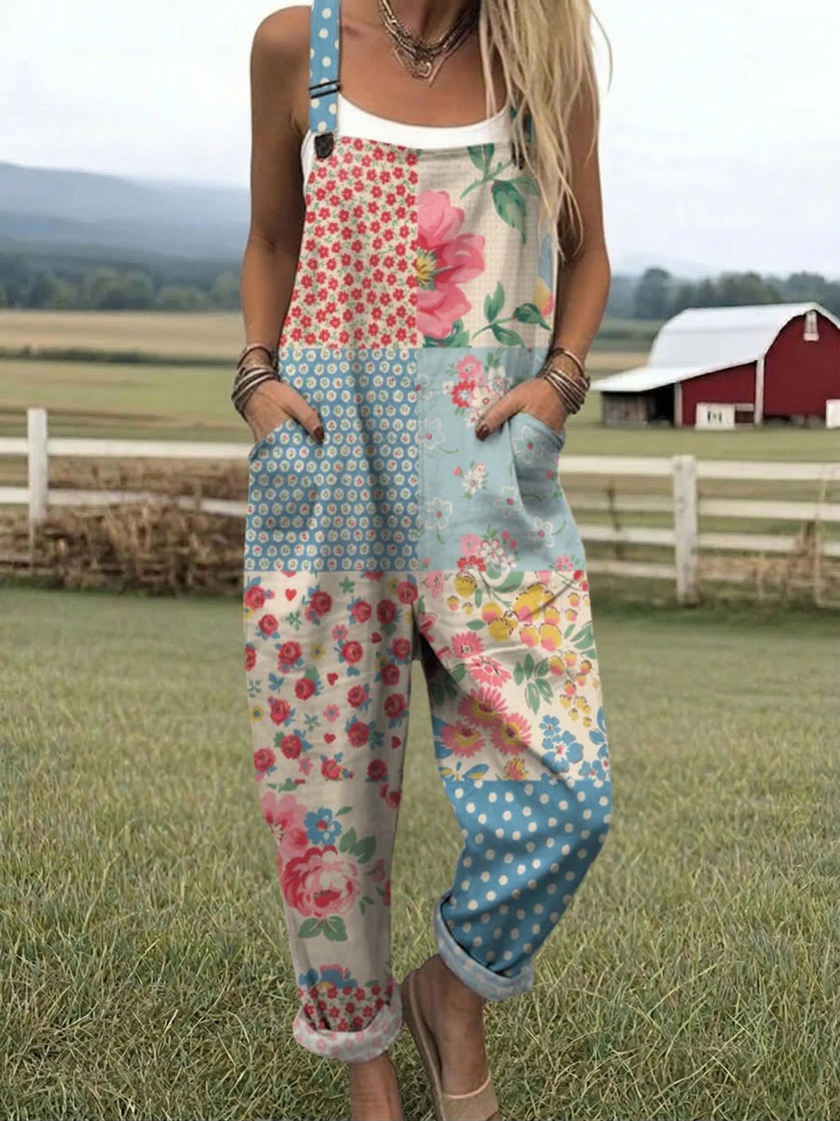Multicolor patchwork floral jumpsuit with dot panels, sleeveless straps