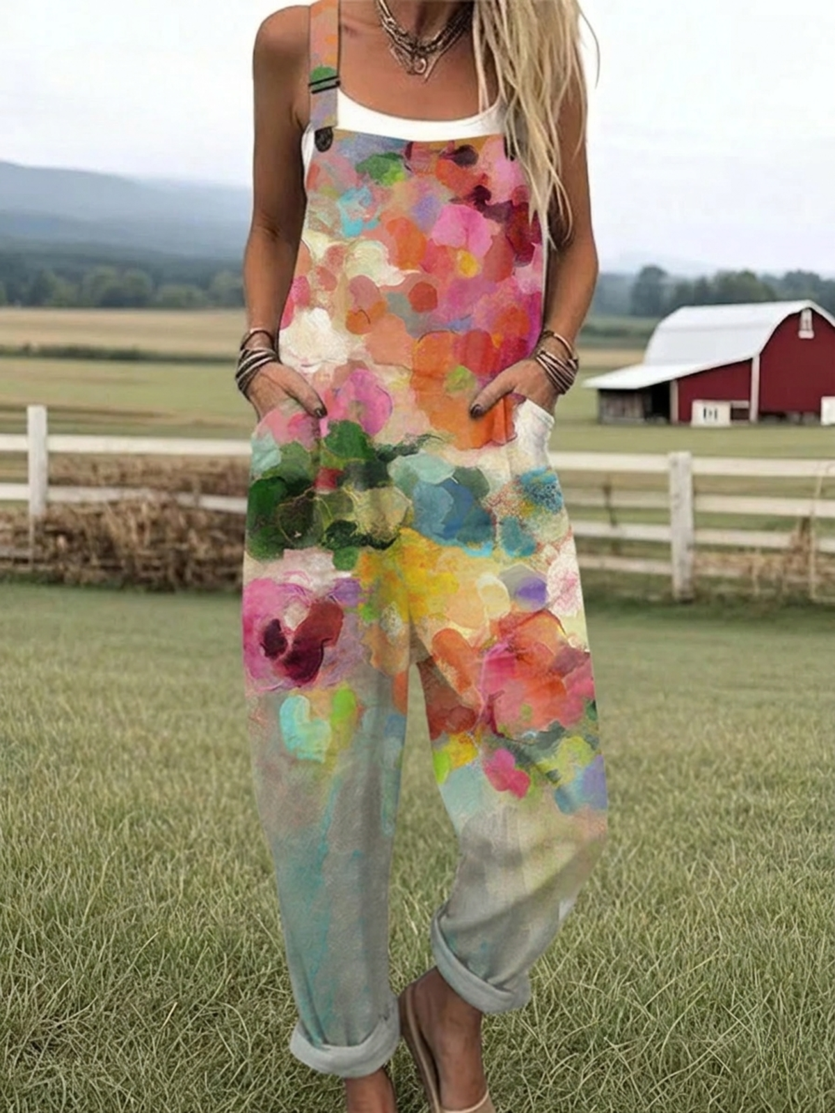 Multicolor floral bloom jumpsuit with spaghetti straps and wide-leg pants