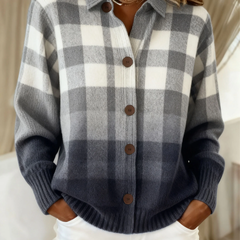 Elegant classic blouse in gray-and-white plaid knit, button front and long sleeves