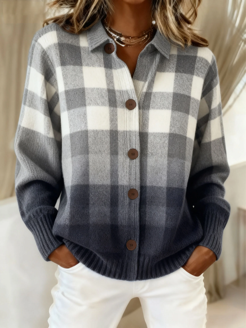 Elegant classic blouse in gray-and-white plaid knit, button front and long sleeves