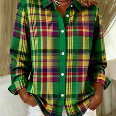Green plaid button-up knit blouse with long sleeves, button front, cuffed hems