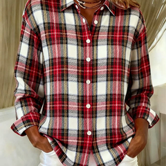 Red and white plaid button-up blouse with long sleeves and white front buttons