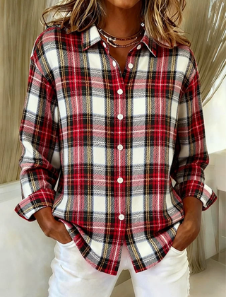 Red and white plaid button-up blouse with long sleeves and white front buttons