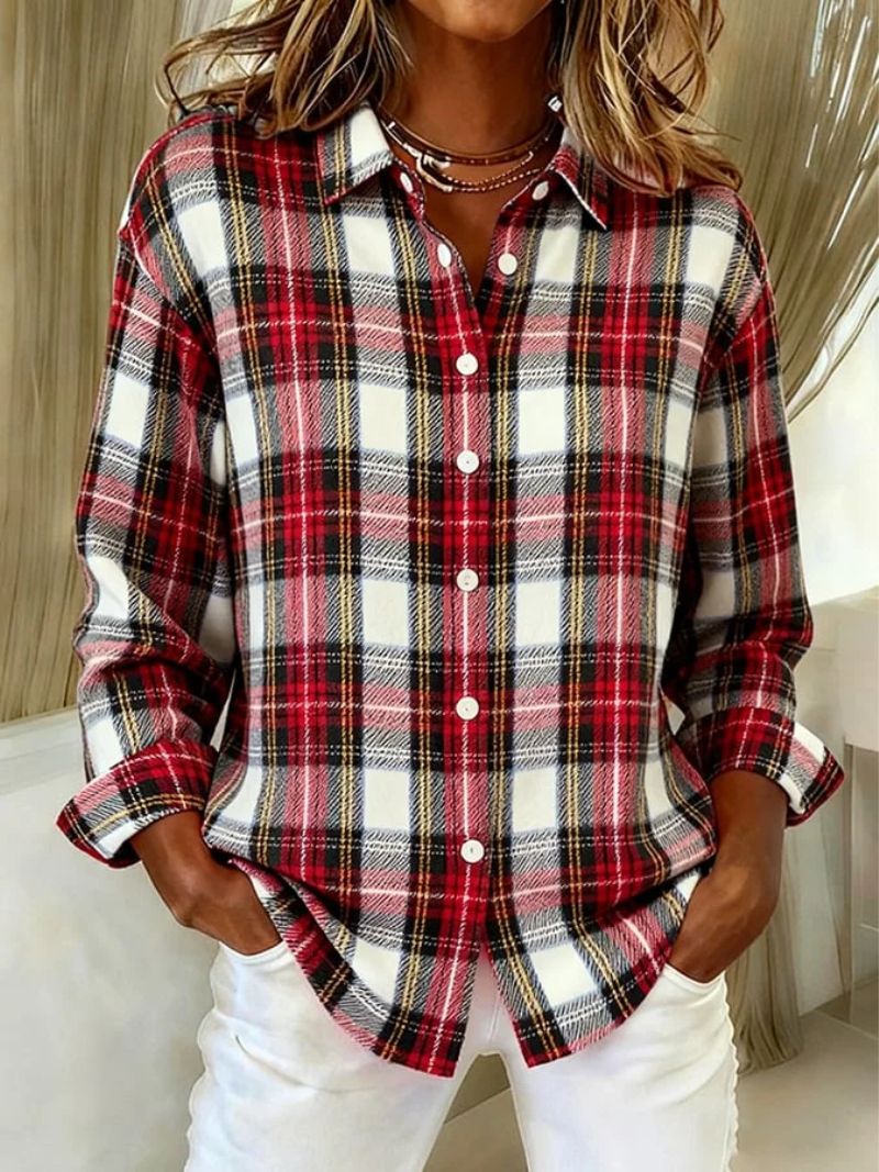 Red and white plaid button-up blouse with long sleeves and white front buttons