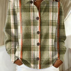 Olive green plaid button-up blouse with long sleeves and dark front buttons