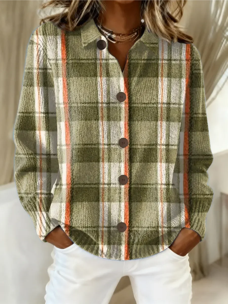 Olive green plaid button-up blouse with long sleeves and dark front buttons
