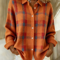 Orange plaid button-up knit blouse with long sleeves, button front, cuffed sleeves