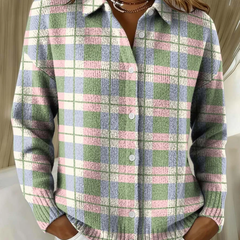 Multicolor plaid button-up blouse with long sleeves and white front buttons