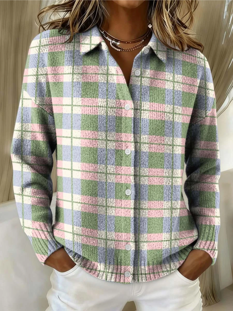 Multicolor plaid button-up blouse with long sleeves and white front buttons