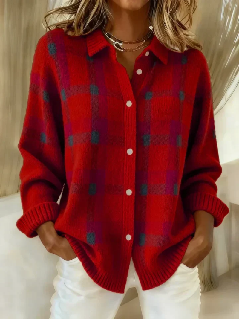 Red plaid button-up knit blouse with long sleeves, front buttons, relaxed fit