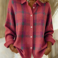 Red and purple plaid button-up blouse with long sleeves and white front buttons