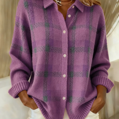 Purple plaid button-up knit blouse with long sleeves, front buttons, relaxed fit