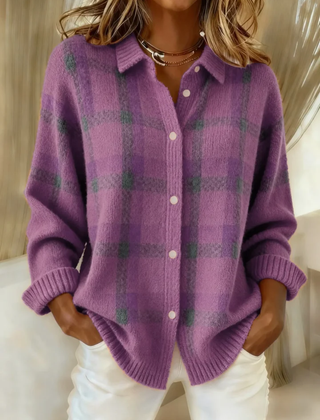 Purple plaid button-up knit blouse with long sleeves, front buttons, relaxed fit