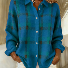 Blue plaid button-up knit blouse with long sleeves, front buttons, V-neck style