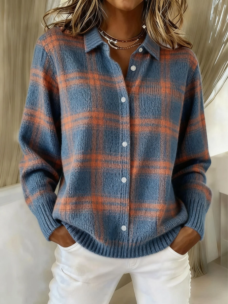 Mira™ soft hoodie blouse, check-pattern knit with button front and collar, blue/orange