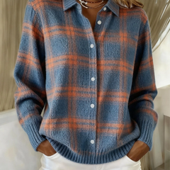 Blue and orange plaid button-up blouse with long sleeves and white front buttons