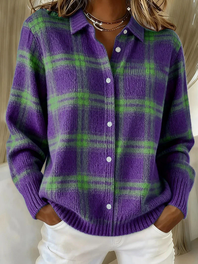 Purple and green plaid button-up knit blouse with long sleeves, front buttons
