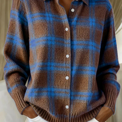 Blue and brown plaid button-up blouse with long sleeves and white front buttons