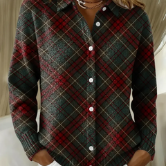 Dark plaid button-up knit blouse with long sleeves, button front, V-neck style