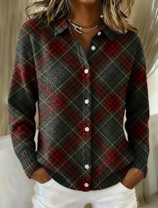 Dark plaid button-up knit blouse with long sleeves, button front, V-neck style