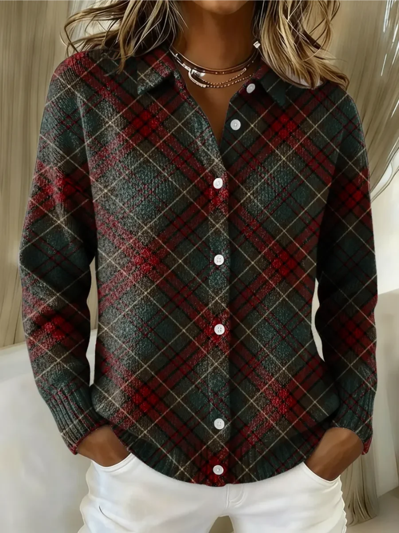 Dark plaid button-up knit blouse with long sleeves, button front, V-neck style