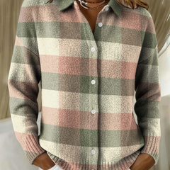 Pink, green, and cream plaid button-up blouse with long sleeves and white front buttons