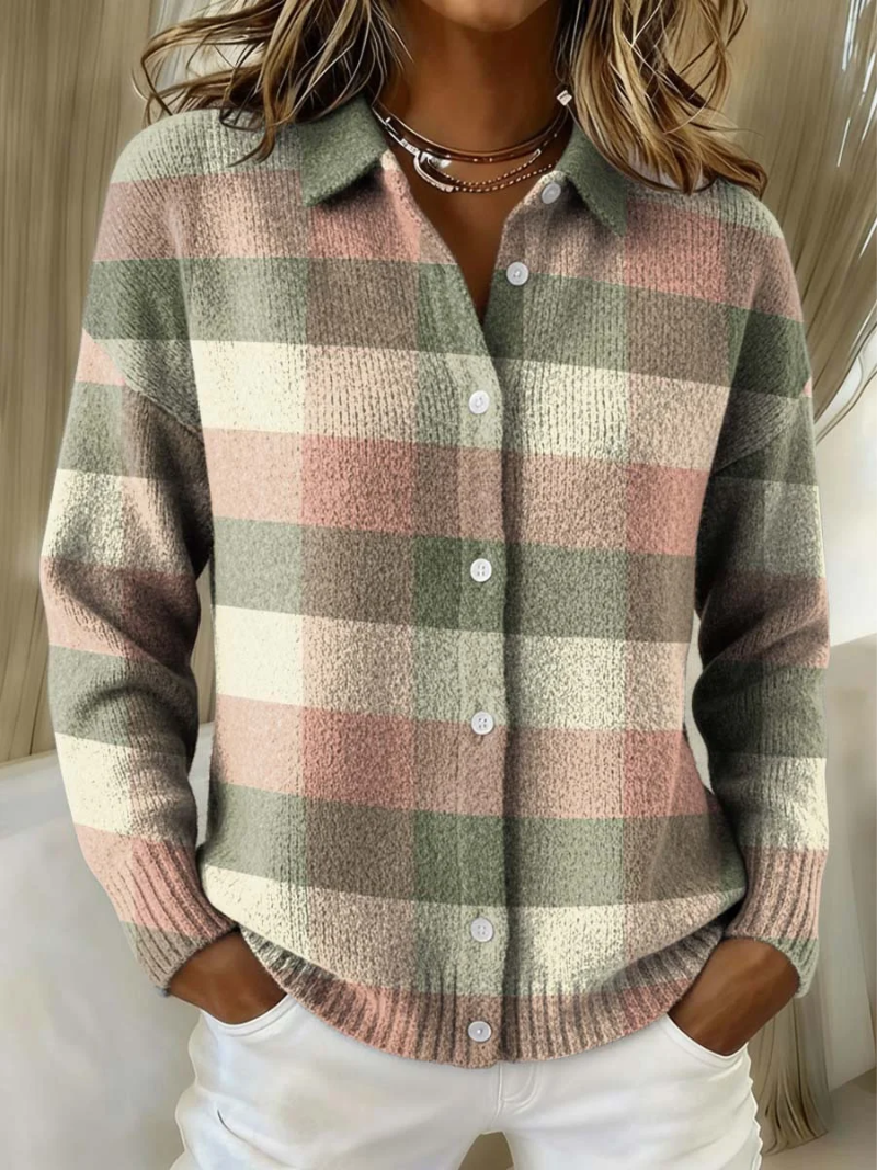 Pink, green, and cream plaid button-up blouse with long sleeves and white front buttons