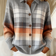 Elegant classic blouse in gray-and-orange plaid knit, button front and long sleeves