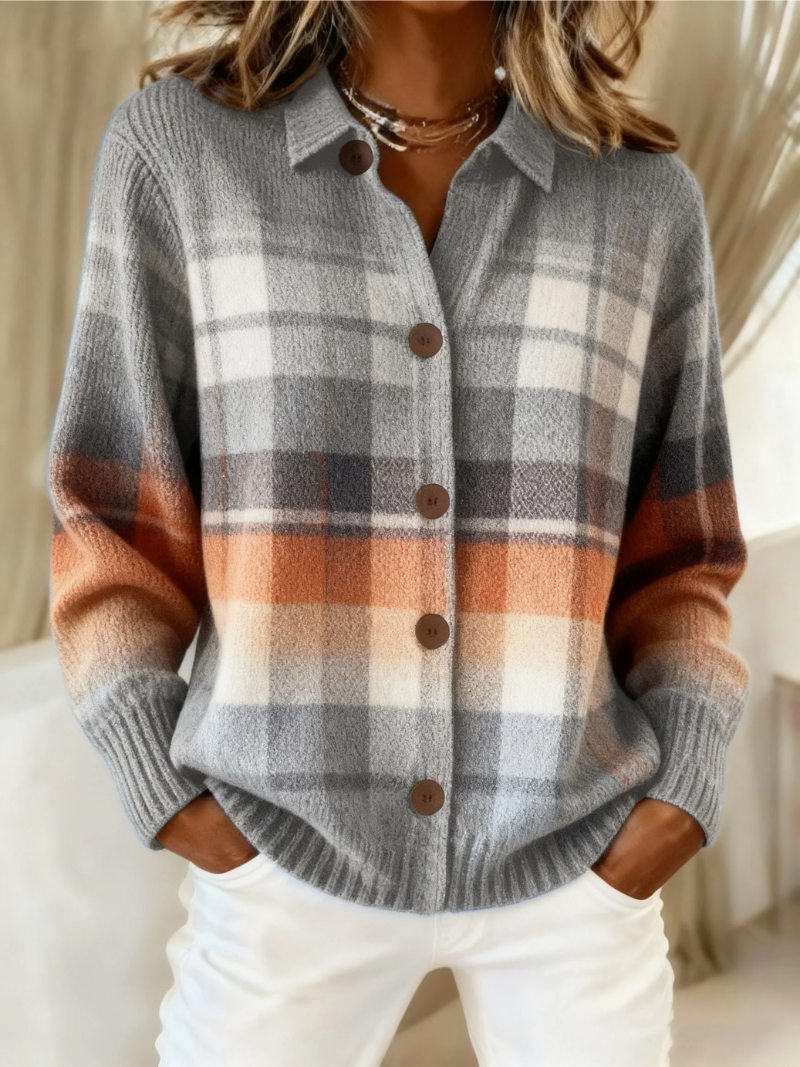 Elegant classic blouse in gray-and-orange plaid knit, button front and long sleeves