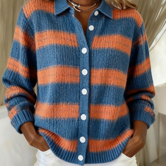 Blue and orange striped plaid button-up blouse with long sleeves and white front buttons