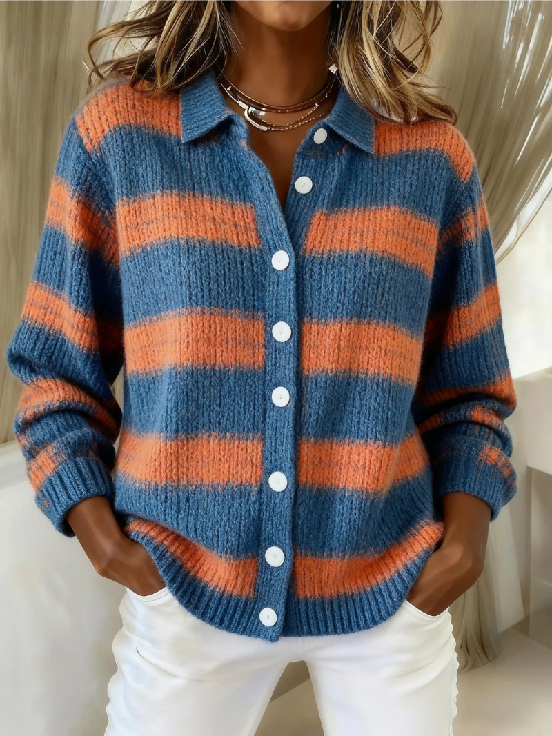 Blue and orange striped plaid button-up blouse with long sleeves and white front buttons