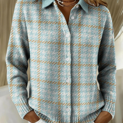 Elegant classic blouse in blue plaid knit, button front with collar and long sleeves