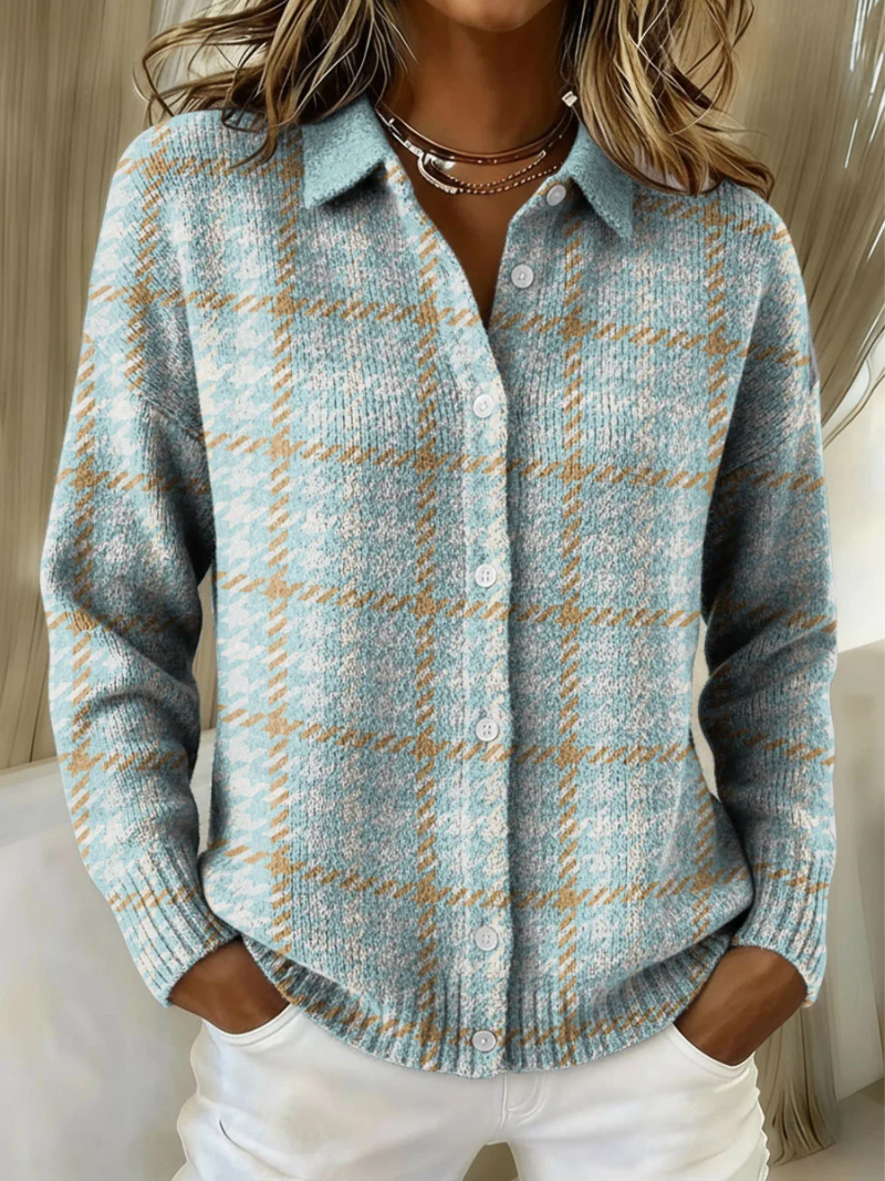 Elegant classic blouse in blue plaid knit, button front with collar and long sleeves