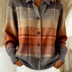 Elegant classic blouse in tan plaid knit, button front and long sleeves