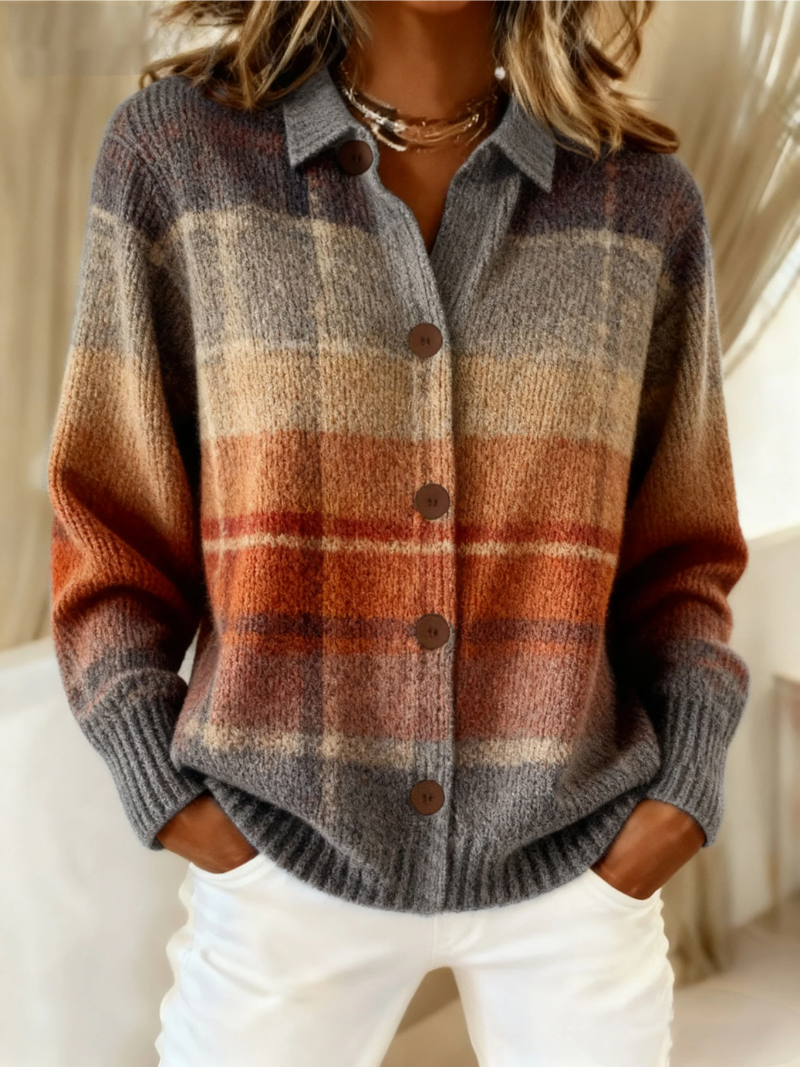 Elegant classic blouse in tan plaid knit, button front and long sleeves