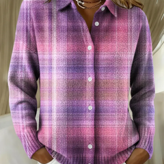 Purple and pink gradient plaid button-up knit blouse with long sleeves, button front