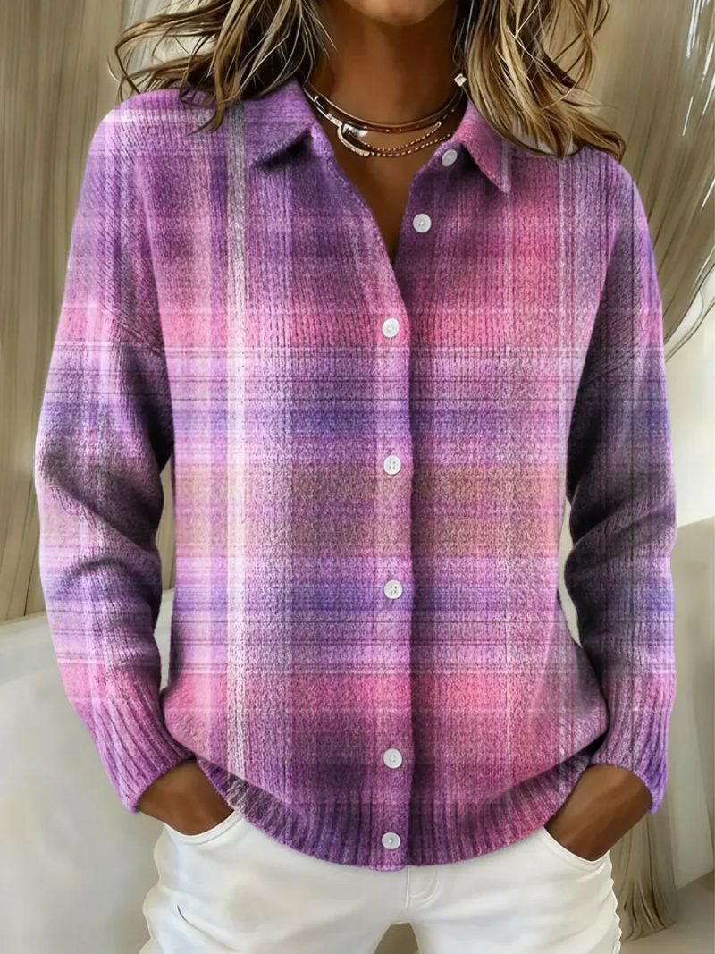 Purple and pink gradient plaid button-up knit blouse with long sleeves, button front