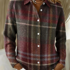 Dark red and gray plaid button-up blouse with long sleeves and white front buttons