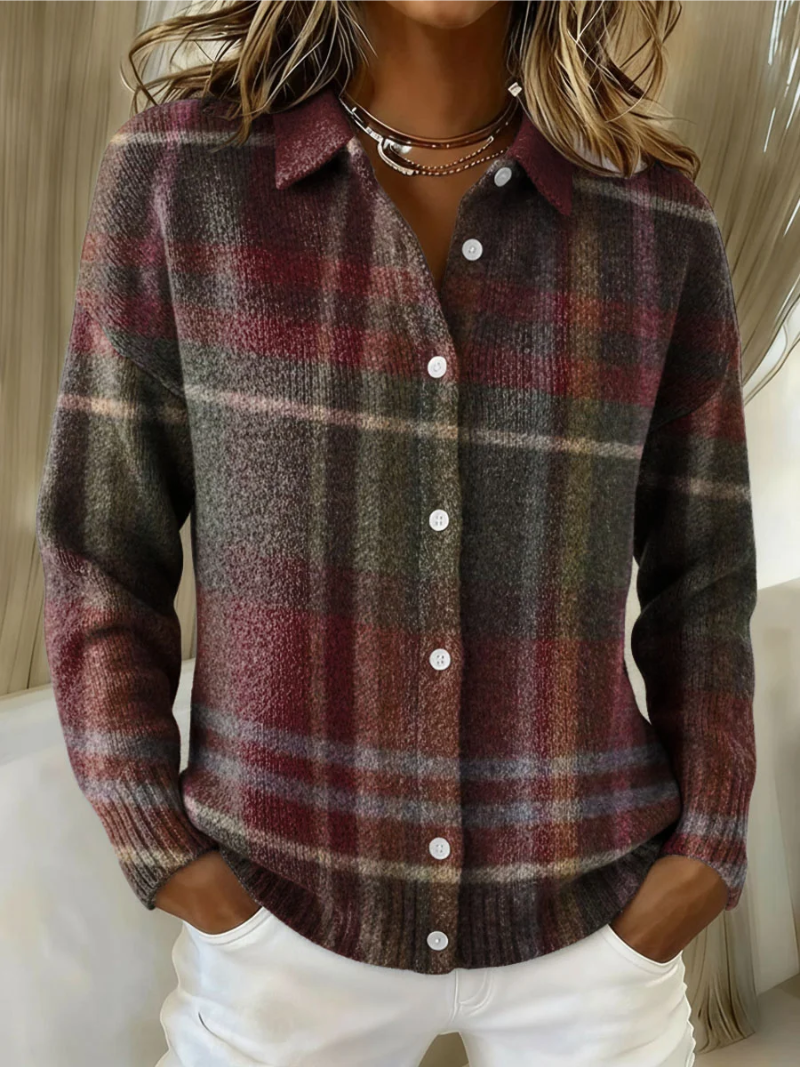 Dark red and gray plaid button-up blouse with long sleeves and white front buttons
