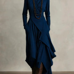 Blue asymmetrical maxi knit dress with roll neck and draped long sleeves