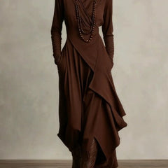 Brown asymmetrical maxi knit dress with roll neck and draped long sleeves