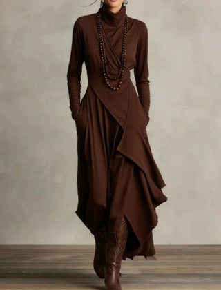 Brown asymmetrical maxi knit dress with roll neck and draped long sleeves