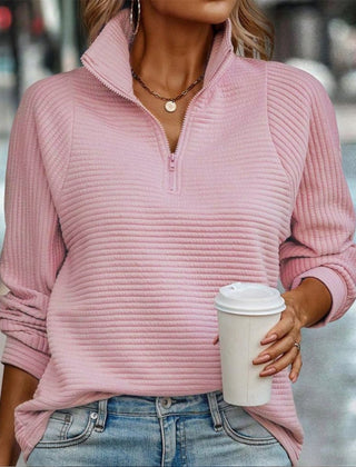 Women's pink half-zip knit pullover, long sleeves