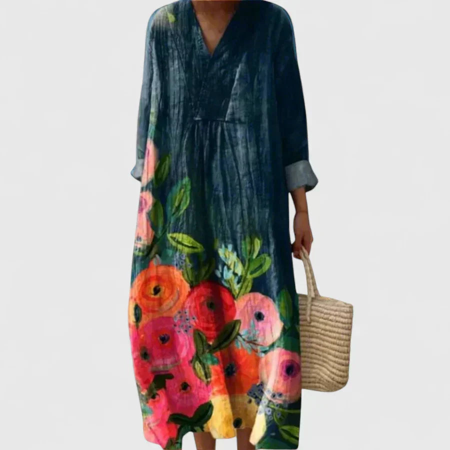 Floral maxi dress with V-neck, long loose fit and 3/4 sleeves in ocean blue